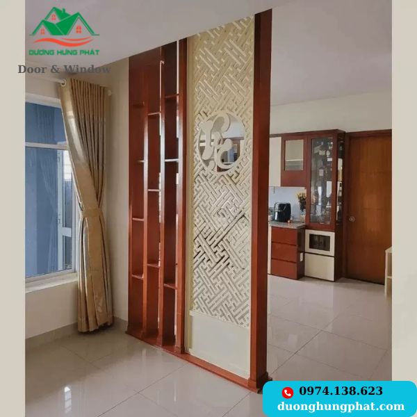 vách ngăn nhôm giả gỗ phòng bếp và phòng khách tại quận 1 TP.HCM